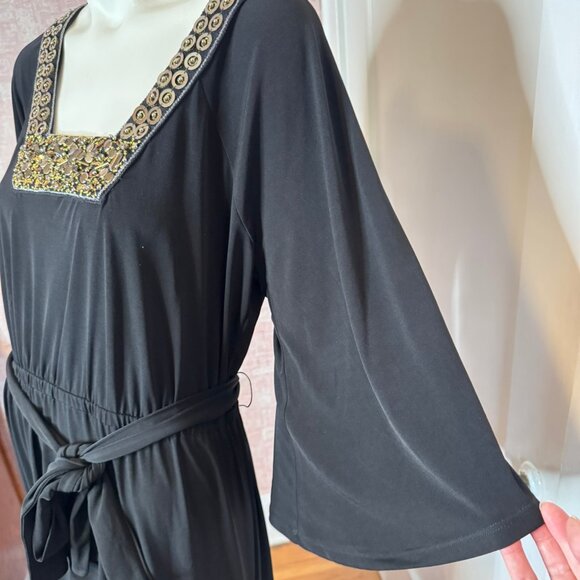 American Glamour Badgley Mischka Black Knit Maxi Evening Gold Beaded Dress sz L - Picture 4 of 9